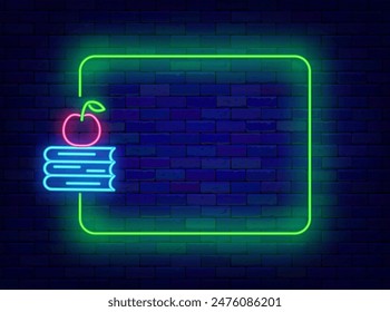 Stationery store neon poster. Lunch and learn. Back to school. Special offer invitation. Shiny greeting card. Empty green frame and books stack with apple. Editing text. Vector stock illustration