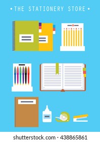 Stationery store set. Glue, notebooks, ink pen, book, pen, open notepad vector illustration. 