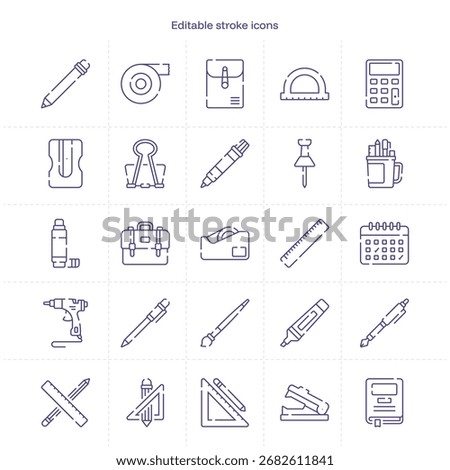 Stationery stroke icon. Stationery line icon set. editable stroke icon pack. Line, Thin, Linear Style Icon Bundle. Fully Customizable