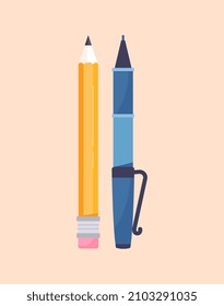 Stationery for study or work concept. Colorful poster with pen and wooden pencil. Supplies for drawing and writing on paper. Design element for printing. Cartoon modern flat vector illustration
