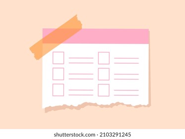 Stationery for study or work concept. Colorful poster with torn piece of paper glued to tape. Empty task list for workday planning and time management. Cartoon contemporary flat vector illustration