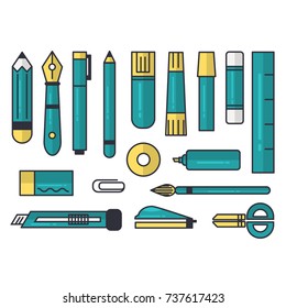 stationery stuff set including pen, pencil, eraser, scissors, ruler, sticky tape, paper clip and etc. vector illustration
