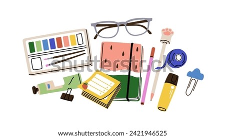 Stationery supplies, art tools, accessories, top view. Sketchbook, paint, brush, glasses composition. Notebook, pen, paper note, tape, eyeglasses. Flat vector illustration isolated on white background