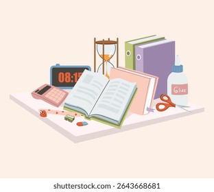 Stationery supplies Back To school Concept accessories items. Sketchbook, note book, diary, stationary tools composition. Flat vector illustration.