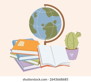 Stationery supplies Back To school Concept accessories items. Sketchbook, note book, diary, stationary tools composition. Flat vector illustration.
