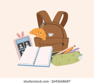 Stationery supplies Back To school Concept accessories items. Sketchbook, note book, diary, stationary tools composition. Flat vector illustration.