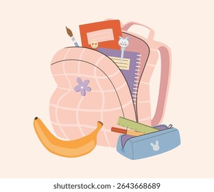 Stationery supplies Back To school Concept accessories items. Sketchbook, note book, diary, stationary tools composition. Flat vector illustration.