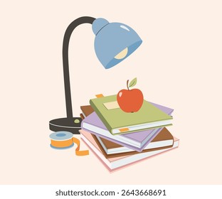 Stationery supplies Back To school Concept accessories items. Sketchbook, note book, diary, stationary tools composition. Flat vector illustration.