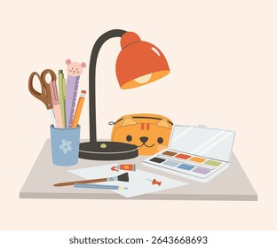 Stationery supplies Back To school Concept accessories items. Sketchbook, note book, diary, stationary tools composition. Flat vector illustration.