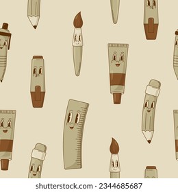 Stationery,  supplies items retro cartoon mascot seamless pattern. Vintage vector illustration. Back to school