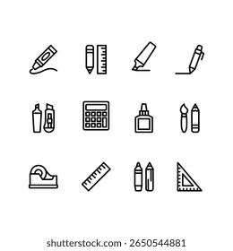 Conjunto de ícones de linha de suprimentos de papel de carta. Ícones de vetor de educação. Inclui símbolos de régua, caneta marcadora, calculadora e cola de papel. Perfeito para infográficos, web e aplicativos.