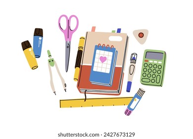 Papelería. Cuaderno, bloc de notas, calculadora, regla, accesorios escolares, artículos. Cuaderno de bocetos, cuaderno de notas, diario, herramientas fijas y composición. Ilustración vectorial plana aislada sobre fondo blanco