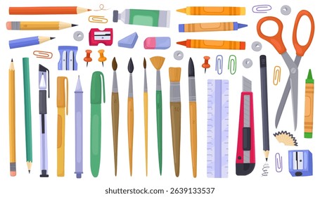 Stationery supplies, school items, office tools. Pencils, pens, ruler, scissors, brushes, sharpener, eraser, stationery knife, crayons. Collection of vector illustration on white background.