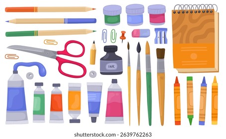 Stationery supplies, school items, office tools. Pencils, pens, scissors, brushes, tubes of paint, jars of paint, ink, sharpener, eraser, crayons, sketchbook. Collection of vector illustration.