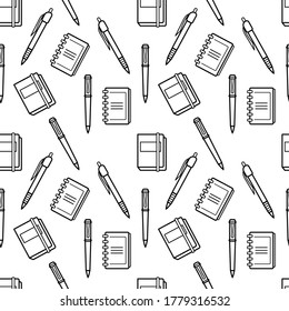 Stationery supplies seamless pattern. Spiral notepad, School notebook and pen icon isolated on white background.