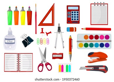 Stationery supplies set isolated on white background. School supplies and items collection. Education workspace accessories. Stuff for office and education.Back to school equipment.Vector illustration