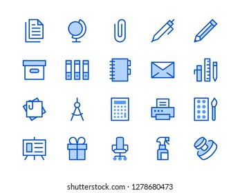 Stationery Supplies Store Blue Line Icon. Vector Illustration Flat style. Included Icons as Office Furniture, Printer Paper, Envelope, Pen, Stamp, Globe and more. Editable Stroke