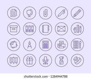 Stationery Supplies Store Line Icon. Vector Illustration Flat style. Included Icons as Office Furniture, Printer Paper, Envelope, Pen, Stamp, Globe and more. Editable Stroke