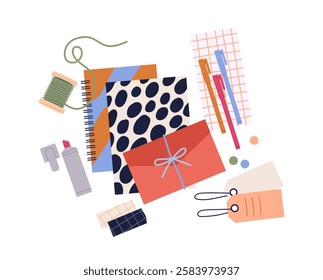 Stationery supplies top view. High angle view at markers and envelopes, notebook. Comfortable home workspace. Template and layout. Flat vector illustration isolated on white background