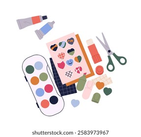 Stationery supplies top view. High angle view at paints, scissors and paper hearts. Graphic element for website. Handmade and handicraft. Flat vector illustration isolated on white background