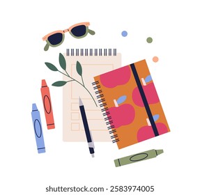 Stationery supplies top view. High angle view at markers, pencils, sunglasses and notebook. Comfortable home workspace. Flat vector illustration isolated on white background