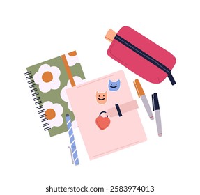 Stationery supplies top view. High angle view at marker, pencils and notebook. Template and layout. Workspace with school or office stationery. Flat vector illustration isolated on white background