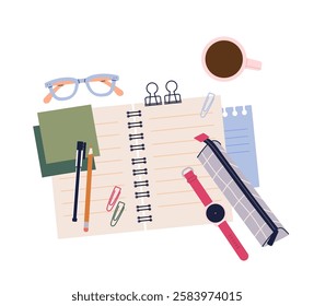 Stationery supplies top view. High angle view at notebook, pencil, pen and pins. Glasses and coffee. Workspace with school or office stationery. Flat vector illustration isolated on white background