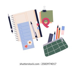 Stationery supplies top view. High angle view at notebook, pencils, pens and erasers. Workspace with school or office stationery. Flat vector illustration isolated on white background