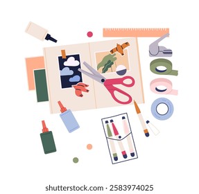 Stationery supplies top view. High angle view at scissors, glue and notebook. Comfortable home workspace. Handmade and handicraft. Flat vector illustration isolated on white background