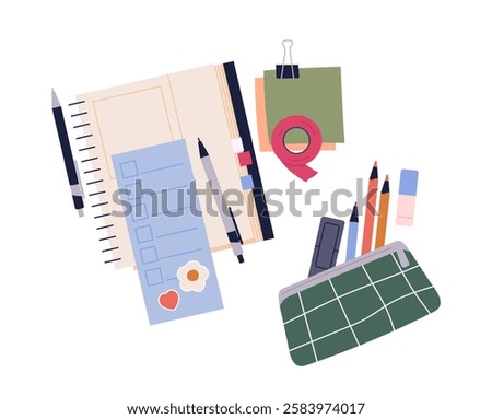 Stationery supplies top view. High angle view at notebook, pencils, pens and erasers. Workspace with school or office stationery. Flat vector illustration isolated on white background