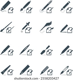 Stationery supplies vector icons set. pen and pencil icon set. paintbrush, razor icon