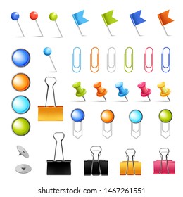 Stationery supply pins and clips isolated icons office items vector fastener and clamp pushpin and paperclip color devices needles, and flags paperwork student or secretary workplace equipment