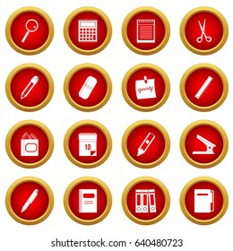 Stationery symbols icon red circle set isolated on white background