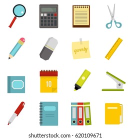 Stationery symbols icons set in flat style isolated vector illustration