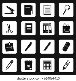 Stationery symbols icons set in white squares on black background simple style vector illustration