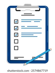 Stationery tablet with clip with paper sheet for conducting survey, collecting public opinion and preliminary voting. Tablet for keeping list of important things. Vector isolated on white background