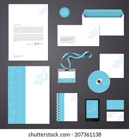 Stationery template design with bird logo and corporate seamless pattern. Documentation for business. Vector illustration