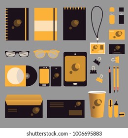 Stationery template design. Black and yellow corporate identity. Easy change of colour and logo. Mockup for business. Top view. Vector illustration objects isolated on gray background