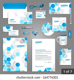 Stationery template design with blue geometric elements. Documentation for business.