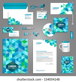 Stationery template design with blue and green geometric elements. Documentation for business.