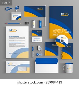 Stationery template design with blue and yellow lines. Documentation for business.