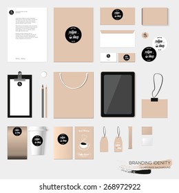 Stationery template design with coffee house elements.  With blank, name card, envelope, paper bag, tablet, badge, tag, menu, flyer, paper cup, box, sugar,  etc. Vector illustration modern design