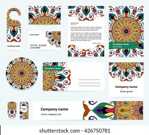 Stationery template design with colorful mandalas. Blue, green and terracotta colors. Documentation for business.