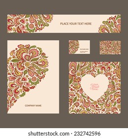 Stationery template design with colorful paisley  elements. Documentation for business. Corporate Identity Business Set.