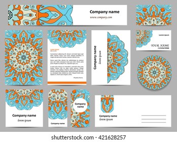 Stationery template design with mandalas. Documentation for business. Blue and orange colors