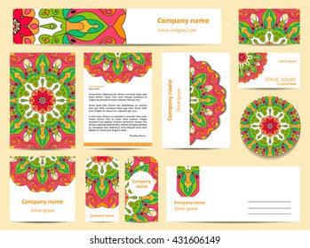 Stationery template design with mandalas. Documentation for business. Pink and green colors