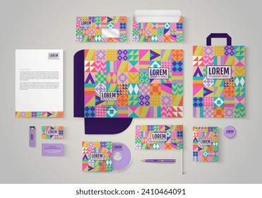 Stationery template design with multicolored pattern. Set of business corporate identity mock up. Documentation for business.