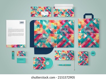 Stationery template design with multicolored triangles. Set of business corporate identity mock up. Documentation for business.