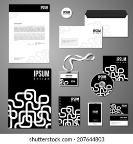 Stationery template design with white geometric elements on black background. Documentation for business. Corporate identity, vector.