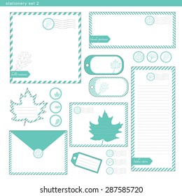 Stationery template frame set green color with leaf pattern and oblique diagonal line stripe , paper, envelope, tag, stamp, paper, scrapbook vector retro vintage style